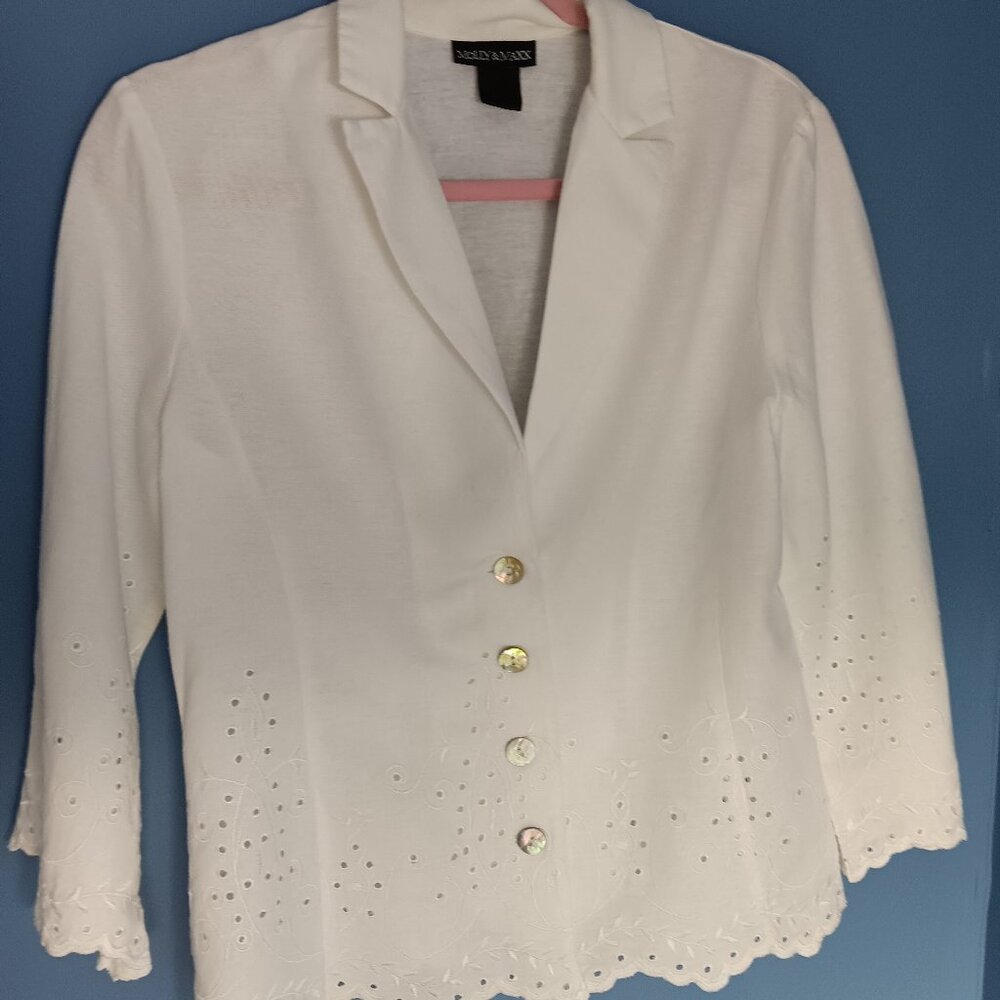 Molly &‎ Maxx Women's White Linen Blazer With Lace Size Med